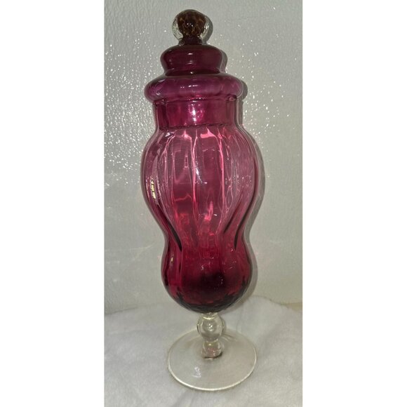Rare Vintage MCM Empoli Italian Cranberry Footed Glass Apothecary Jar with Lid